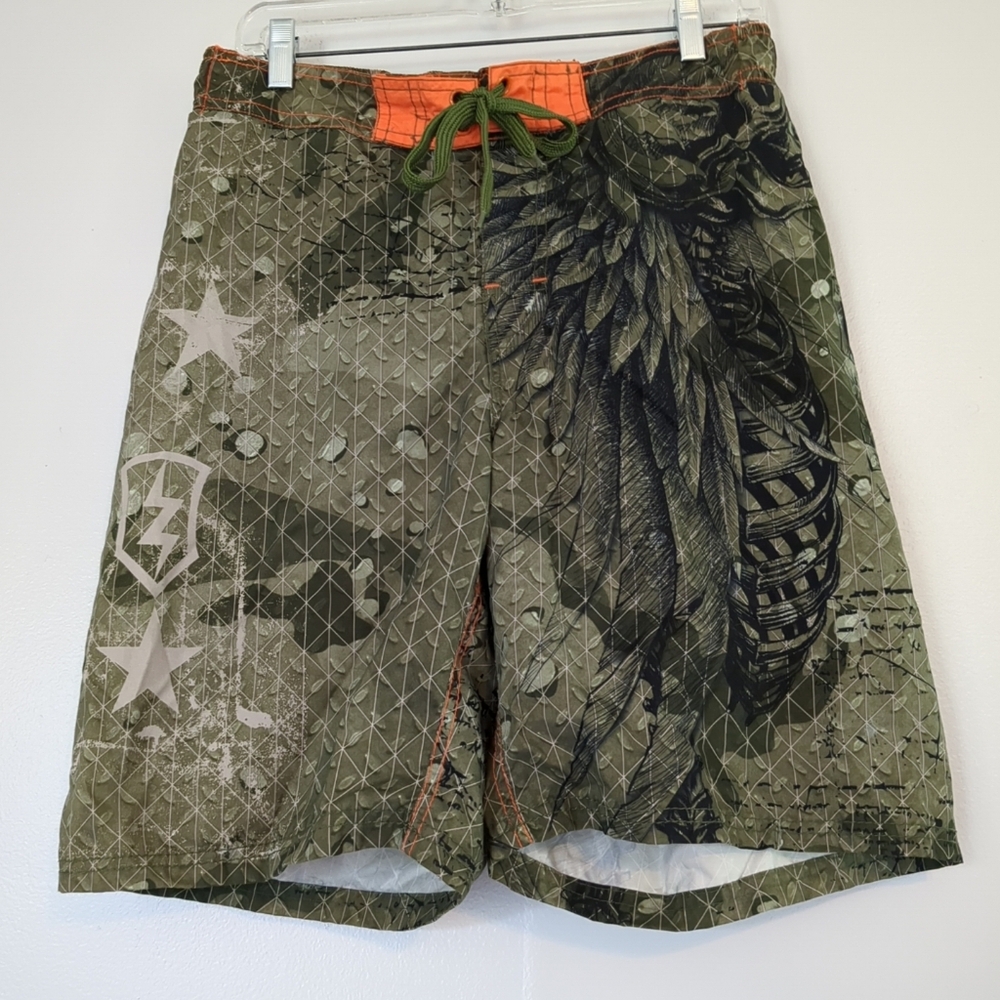 MMA Elite Board Shorts Mens Medium 30 Camo Skulls Surfer Skate Y2K Grunge